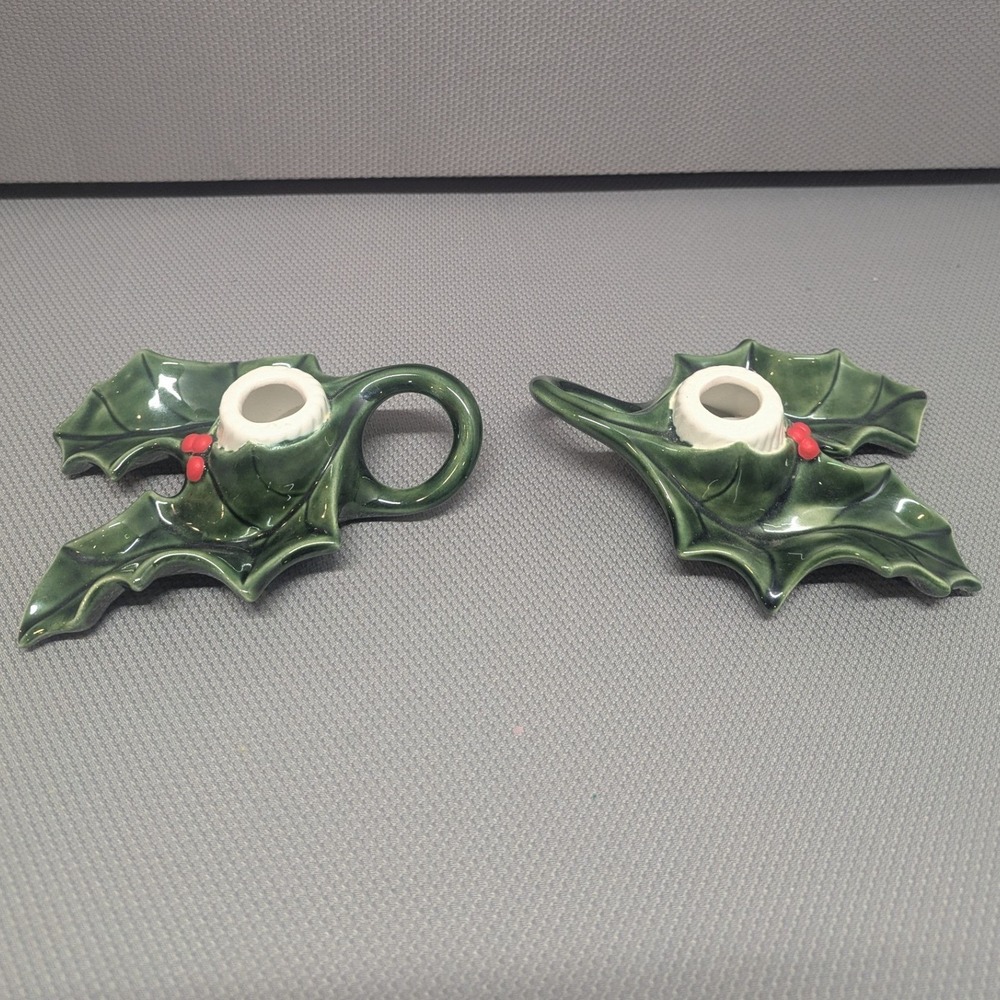 VTG Ceramic Holly Leaf Christmas Candle Holders Set of 2 Green Red Berry Signed